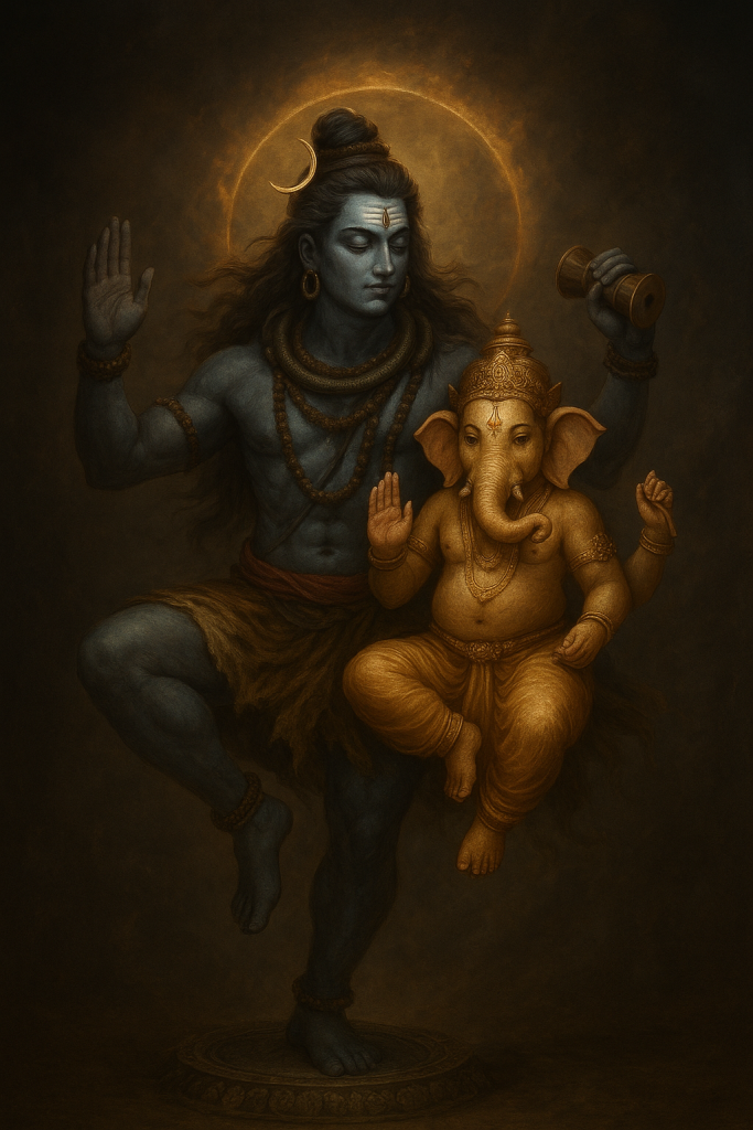Ganesh Mobile Wallpaper HD Download | Lord Ganesha Backgrounds for Phone 3 A highly detailed realistic painting of Lord Shiva in Nataraj form holding Lord Ganesha, symbolizing divine energy and blessings, spiritual Hindu artwork in HD.